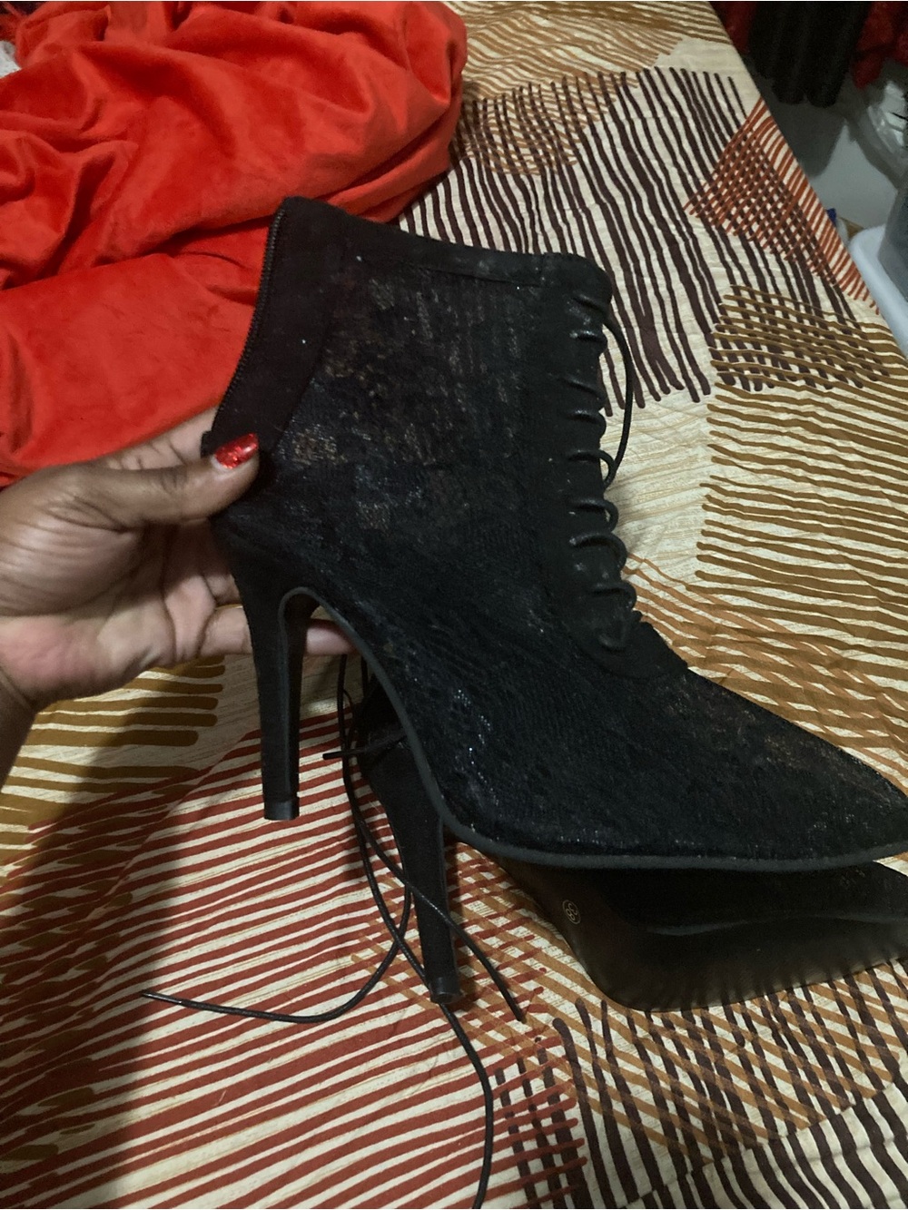 Black Lace-Up High Heel Ankle Boots - Women's